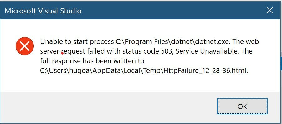 Visual Studio says that it is unable to start the process with a status code 503, Service Unavailable