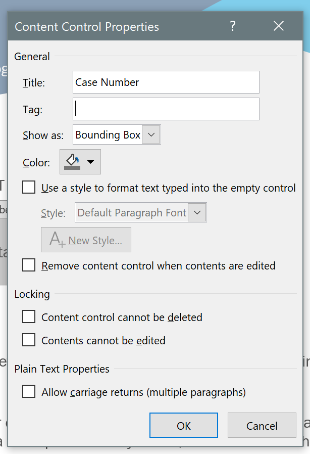 word rich text content control dependent